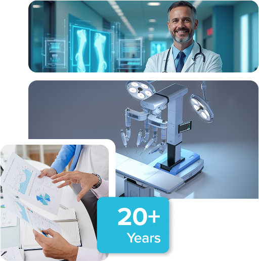 A collage showing a surgeon, robotic surgery, and data analysis, representing SolvEdge’s 20+ years of experience in medical technology.