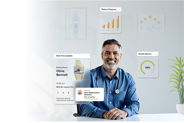 A smiling doctor uses a telehealth interface showing a patient's knee replacement recovery status and health metrics.
