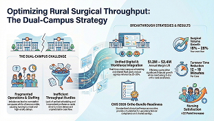 Infographic on optimizing rural surgical throughput using a dual-campus strategy with unified digital integration, reduced OR turnover time, and increased surgical volume.
