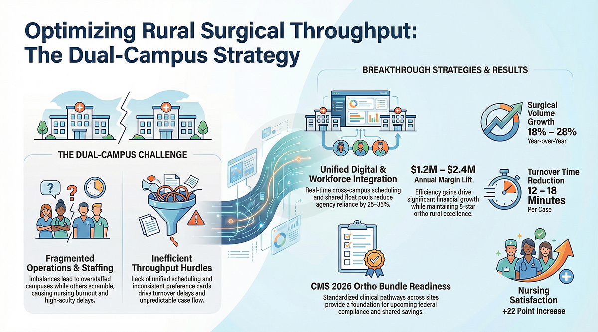 Infographic on optimizing rural surgical throughput using a dual-campus strategy with unified digital integration, reduced OR turnover time, and increased surgical volume.