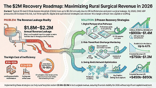 Infographic showing how rural Critical Access Hospitals can recover up to $2.2M in surgical revenue by 2026 through OR optimization, post-discharge monitoring, and swing-bed capture.