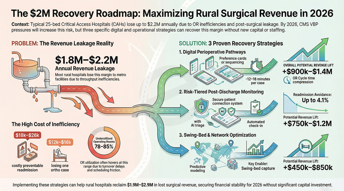 Infographic showing how rural Critical Access Hospitals can recover up to $2.2M in surgical revenue by 2026 through OR optimization, post-discharge monitoring, and swing-bed capture.