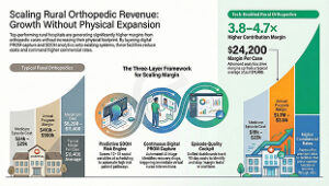 Infographic showing how rural hospitals scale orthopedic revenue without physical expansion using PROMs, SDOH analytics, and episode quality dashboards to increase margins.