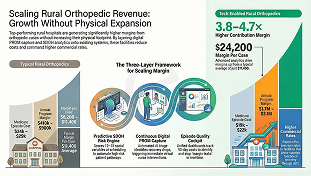 Infographic showing how rural hospitals scale orthopedic revenue without physical expansion using PROMs, SDOH analytics, and episode quality dashboards to increase margins.