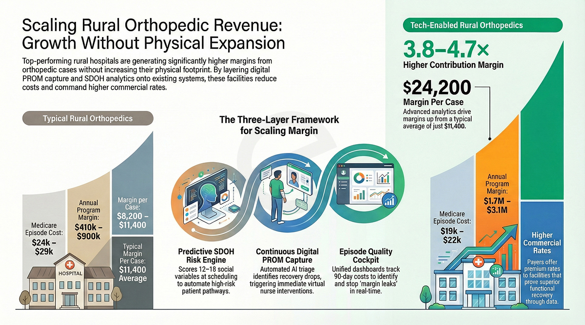Infographic showing how rural hospitals scale orthopedic revenue without physical expansion using PROMs, SDOH analytics, and episode quality dashboards to increase margins.