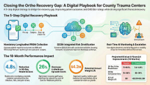 Digital recovery playbook for county trauma centers showing PROM collection, SDOH risk stratification, AI monitoring, and reduction in orthopedic readmissions.