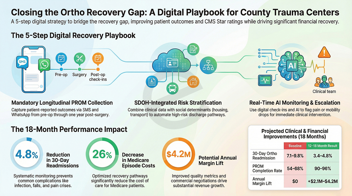 Digital recovery playbook for county trauma centers showing PROM collection, SDOH risk stratification, AI monitoring, and reduction in orthopedic readmissions.