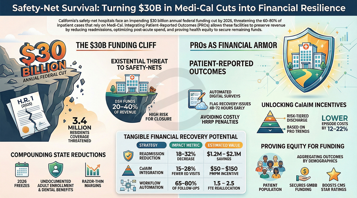 Safety-net hospitals facing $30 billion Medi-Cal funding cuts and how patient-reported outcomes help reduce readmissions, unlock CalAIM incentives, and improve financial resilience.