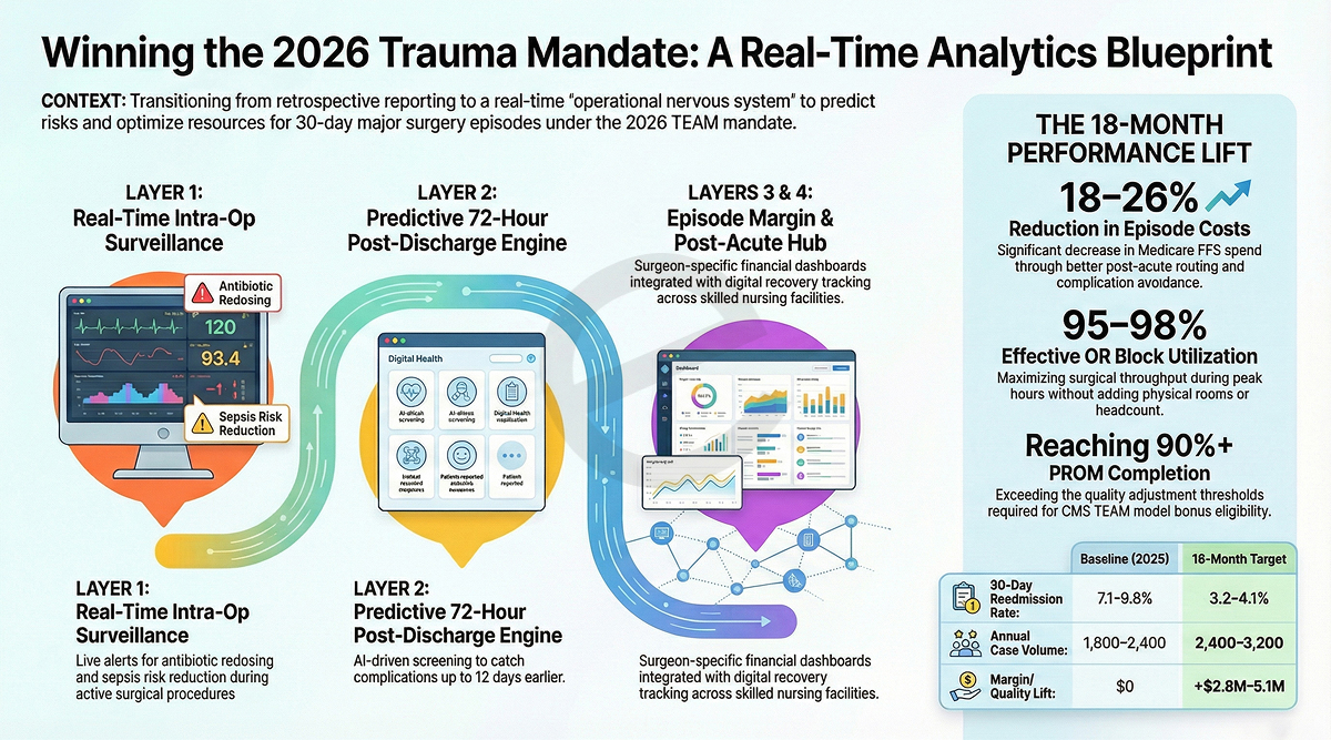Real-time analytics blueprint for CMS TEAM mandate showing intra-op surveillance, predictive post-discharge monitoring, and episode margin optimization for trauma centers in 2026.