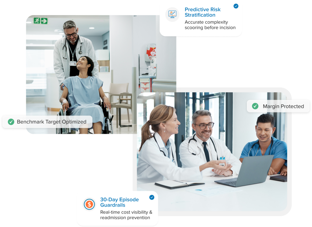 Hospital surgical team in modern operating room representing CMS TEAM episode management with AI-powered surgical analytics and predictive care optimization.